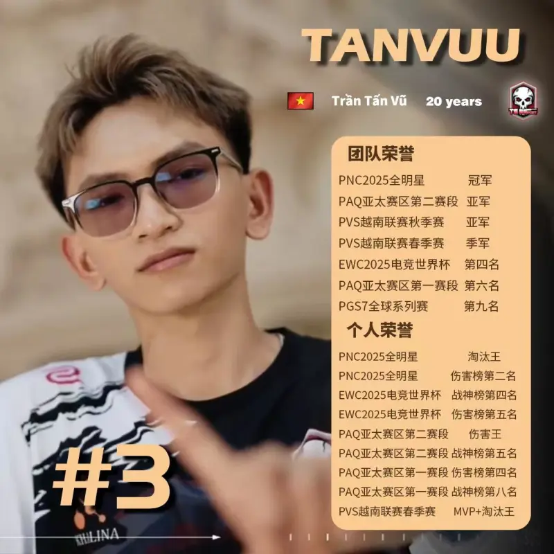 爱游戏官网-2025PUBG年度TOP20选手第3名：TE-Tanvuu